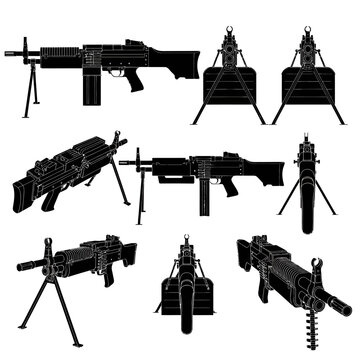 M249 SAW Light Machine Gun Vector Silhouettes All Angles