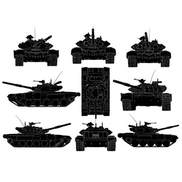 Armored Main Battle Tank Multi-Angle Silhouettes, Military Vector Graphics