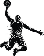Basketball player jumping for slam dunk vector illustration, white line art on black background, sports action competition, fitness training, © Mdjoshel 