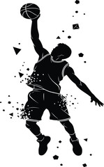 Basketball player jumping for slam dunk silhouette with geometric shattering effect, sports action athlete vector, dynamic motion competition design, illustration, © Mdjoshel 