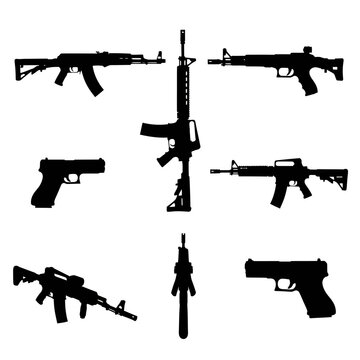 Tactical Assault Rifles Handguns Silhouette Vector Collection AK47 M4