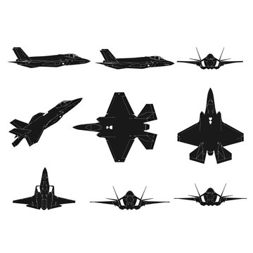 Modern Stealth Fighter Jet Silhouettes, F-35 Military Aircraft Vector Set