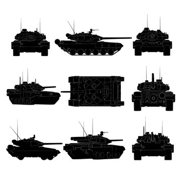 Heavy Main Battle Tank Silhouettes, Tactical Armored Warfare Vector Set
