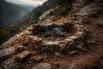 Fototapeta premium Rustic brick and stone fire pit in deteriorating condition on steep rocky hill