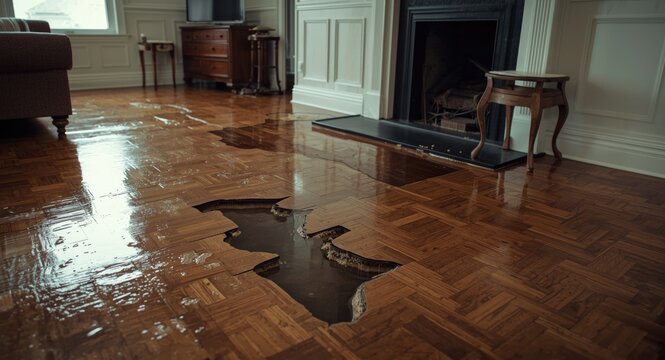 Living room parquet floor suffering damage from water leakage flood