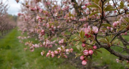 Fototapeta premium Spring orchard scene with pink apple tree flourishing in bloom