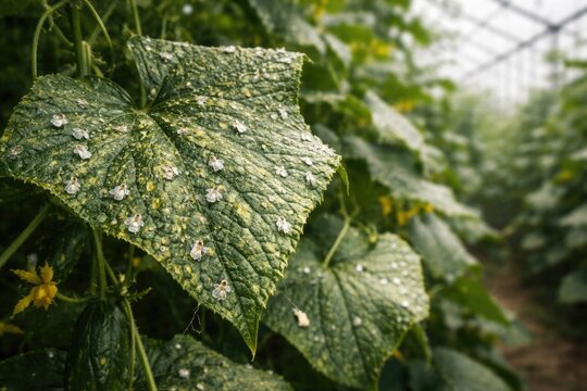Closeup of Whiteflies on Cucumber Leaves in Greenhouse Environment