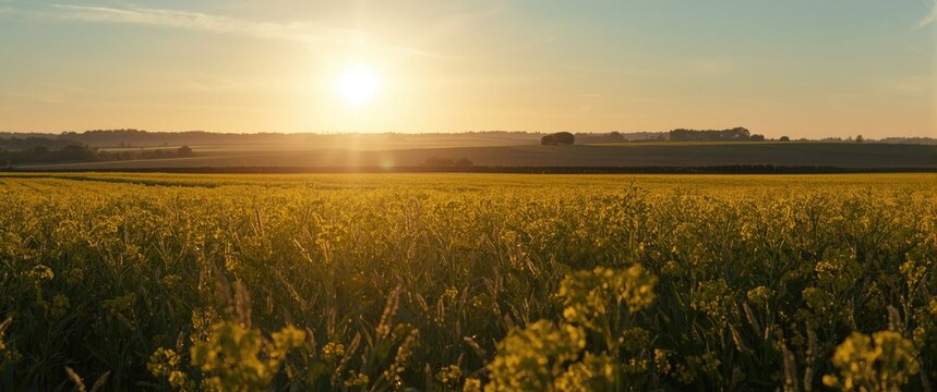 Sun bathed farmland with abundant charlock mustard flowers