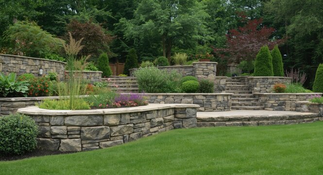 Stone wall terraced garden with luxury summer plants and flowers in a beautifully landscaped backyard