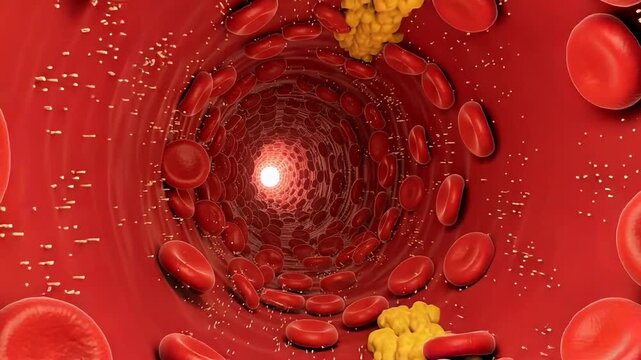 Dynamic journey through artery clogged with yellow plaque showing red blood flow animation