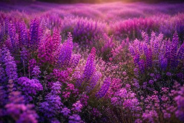 Obraz premium A colorful array of blooming purple flowers with violet and magenta tones covering the field