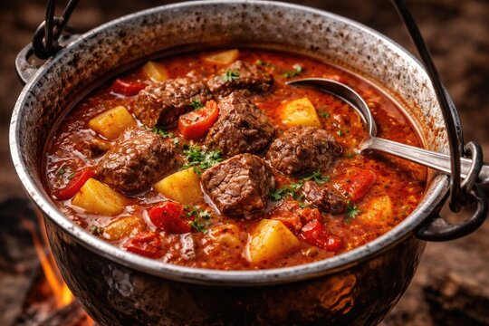 Close up of classic Hungarian goulash soup served in a traditional bogracs bowl
