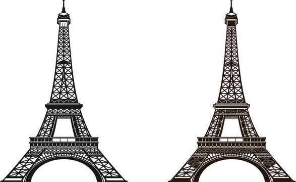 Black and brown Eiffel Tower silhouettes from Paris France isolated on white background for French travel tourism and European landmark design.