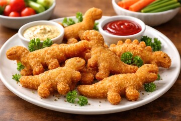 Fototapeta premium Creative dinosaur shaped chicken nuggets served on a white plate