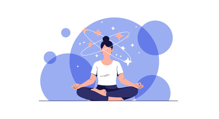 Obraz premium Woman meditating with stars and orbits around her head, symbolizing inner peace and cosmic connection.