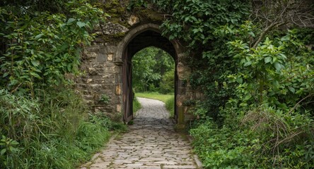 Obraz premium Old castle entrance path framed by wild green vegetation merging natural growth with historic stonework