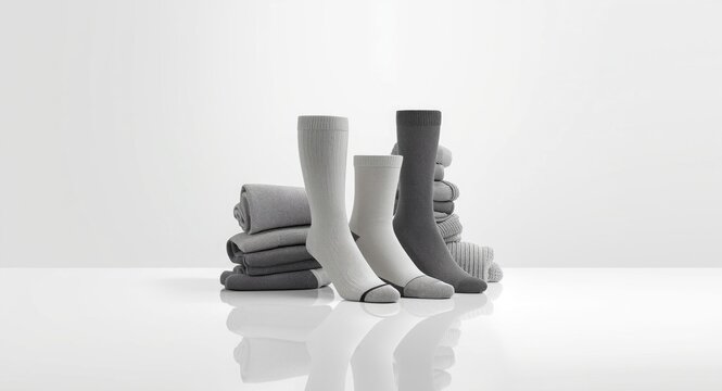 White background display of medical compression socks and clinical knit stockings for venous health