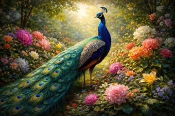 Fototapeta premium A colorful artwork featuring a peacock with bright blue plumage amidst blooming flowers and dense greenery
