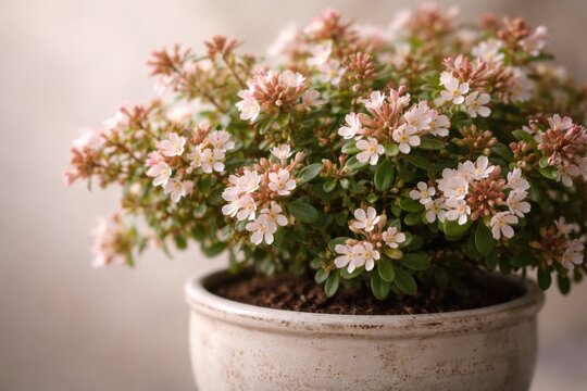 Close up of blooming abelia plant in ceramic flowerpot with soft focused plain background