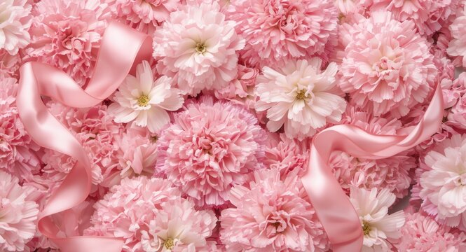 Flat lay of charming pink carnations accented by a silky pink ribbon for Mother's Day