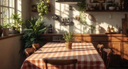 Fototapeta premium Sunlit wooden table dressed with checkered tablecloth complemented by indoor kitchen plants