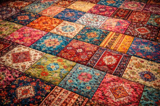 vibrant patchwork rug featuring diverse textile patterns and rich textures