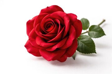 Fototapeta premium A vibrant red silk rose displayed on a pristine white backdrop