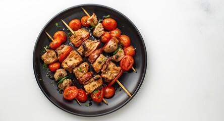 Fototapeta premium Turkey kabobs with ripe tomatoes and capers artfully arranged on a deep black plate on white surface