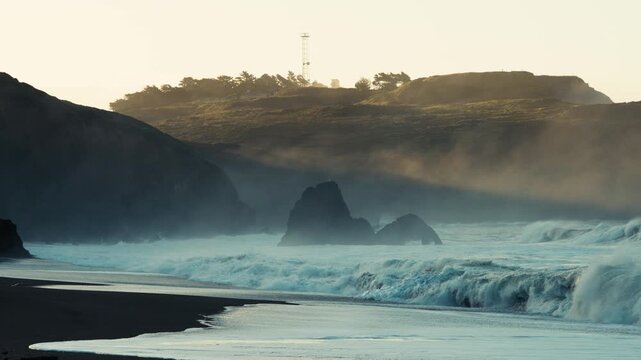 Misty Beach at Sunrise in Slow Motion