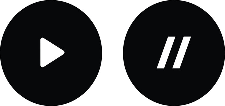 Black and white play and pause button icons set, media player controls vector illustration isolated on white background for design.