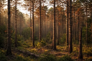 Fototapeta premium Afternoon sunlight highlights dead loblolly pines destroyed by southern pine beetle infestation in protected forest