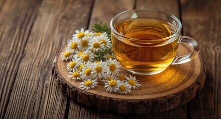 Fototapeta premium Herbal remedy and health care concept showing fresh chamomile blossoms with tea on wooden board