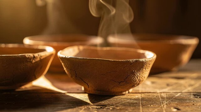 Warm steam rising from rustic clay bowls on sunlit wooden table cozy kitchen scene