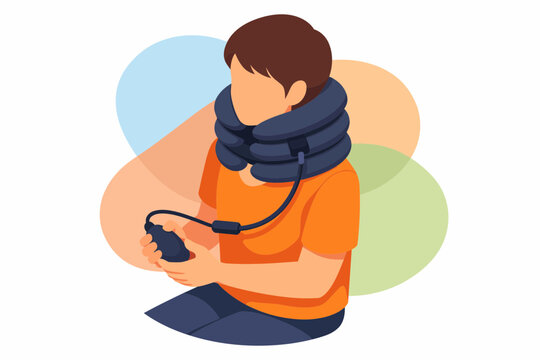 Man Using Inflatable Neck Traction Device for Pain Relief