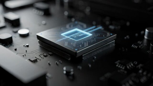 Futuristic circuit board glowing with dynamic data pulses in a sleek modern microprocessor technology