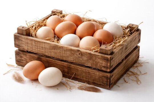 Fresh eggs in a wooden crate on a white backdrop