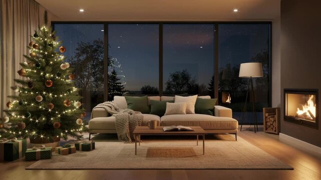 Cozy living room with glowing fireplace decorated Christmas tree warm holiday ambiance