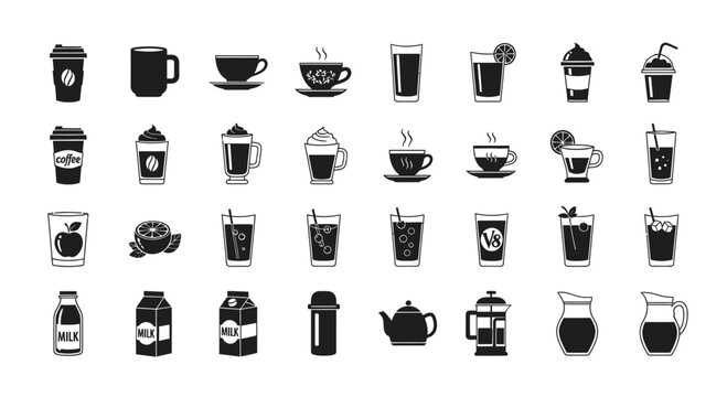A collection of various coffee and tea drink icons.