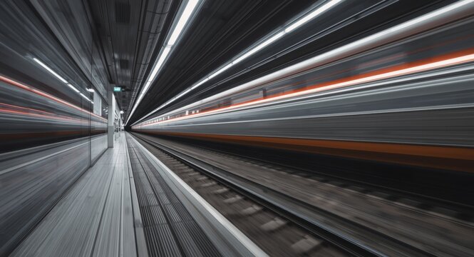 Tunnel with speeding train captured in slow motion on a clear track