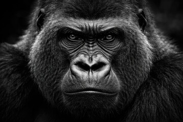 Obraz premium Gorilla Face Portrait with Intense Eyes in Black and White