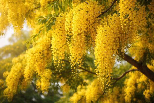 Bright yellow flowers of the Cassia fistula tree in full bloom