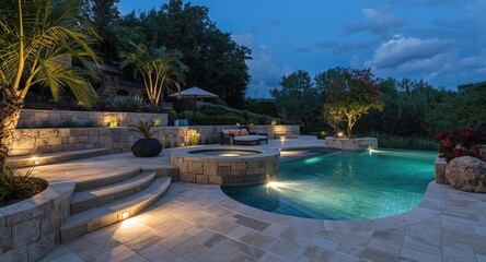 Fototapeta premium Unique travertine stone terraces accompanied by serene water pools under gentle lighting