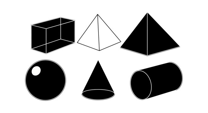 Geometric Shapes Including Cuboid, Pyramid, Sphere, Cone, and Cylinder Illustrated in Black and White