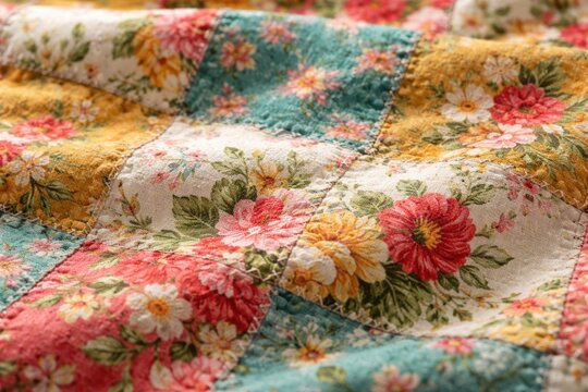 Floral Patchwork Fabric Close-Up Showcasing Detailed Textures and Bright Designs