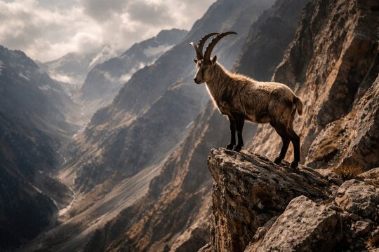 A lone mountain goat standing on rugged cliff rocks