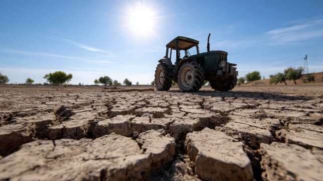 An old tractor parked on cracked earth under bright sunlight, symbolizing drought and environmental challenges
