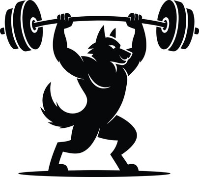 Black silhouette of a muscular wolf lifting a barbell animal white background