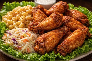 Fototapeta premium Close up of crispy fried chicken wings served with creamy mac and cheese coleslaw on fresh lettuce