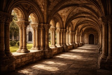 Obraz premium Historic cloister featuring ancient stone columns with detailed architectural texture