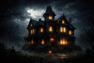 Obraz premium Dark eerie haunted house background with glowing windows and dramatic sky